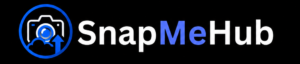 SnapMeHub logo displayed on a black background featuring a blue camera icon with an upload arrow inside a circular outline, alongside the brand name “SnapMeHub” in white and blue text.