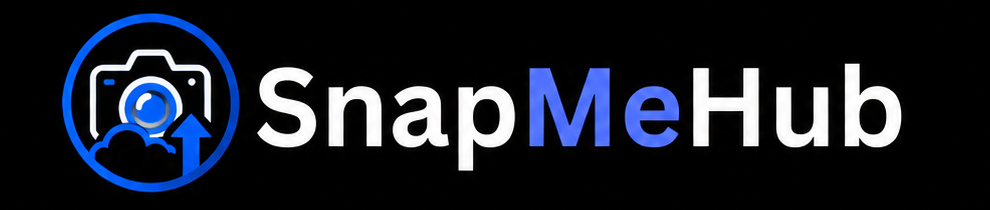 SnapMeHub logo displayed on a black background featuring a blue camera icon with an upload arrow inside a circular outline, alongside the brand name “SnapMeHub” in white and blue text.